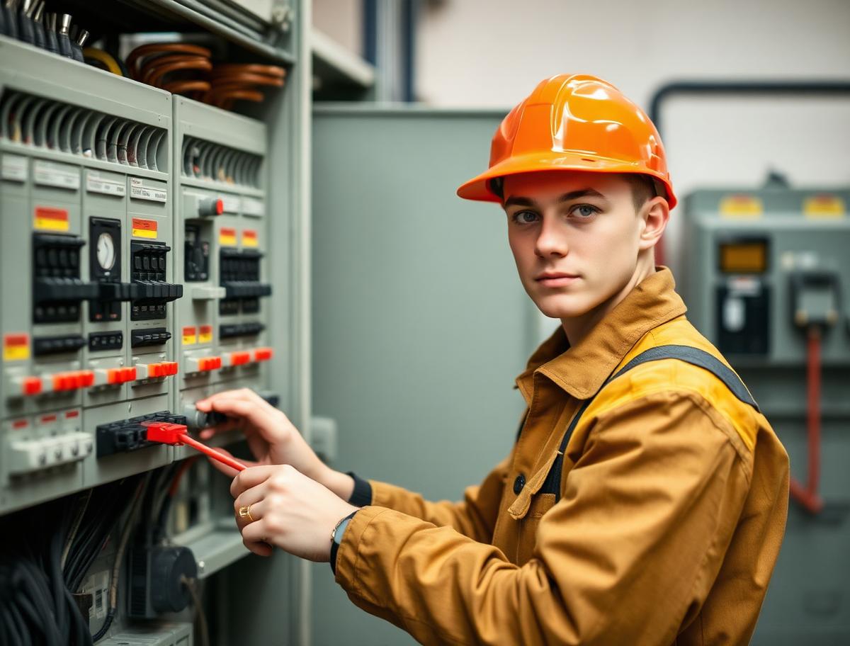 Electrician apprentice working at a switchboard in the school workshop