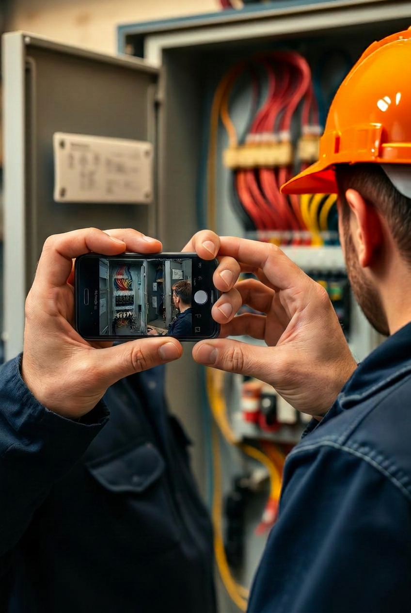 Electrician apprentice photographing an electrical switchboard with their phone in the workshop