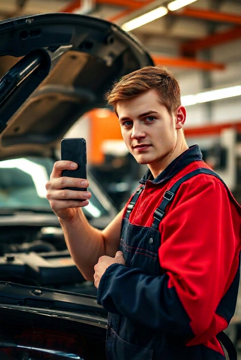 Mechanic apprentice photographing a car engine block with their phone in the auto workshop