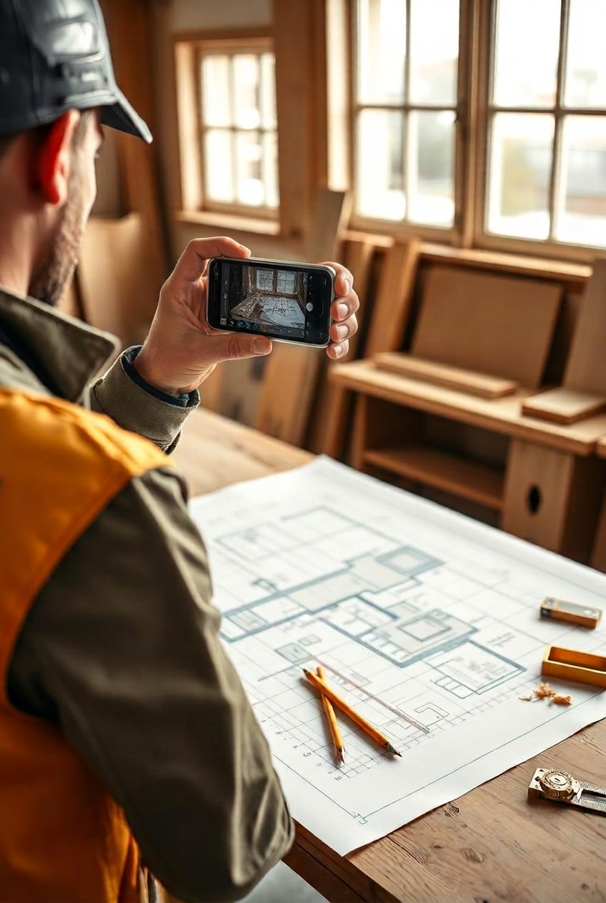 Carpentry apprentice photographing a building drawing with their phone at the workbench