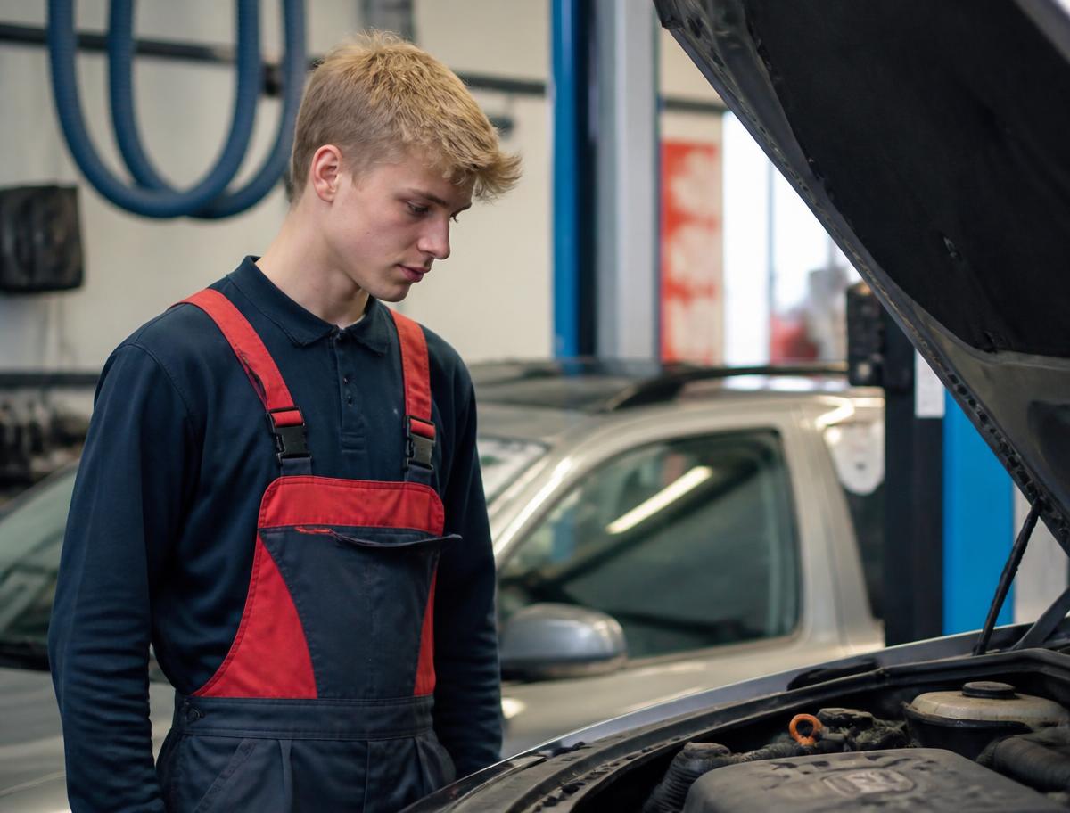 Mechanic apprentice inspecting an engine block in the auto workshop